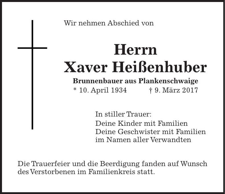 Traueranzeige Xaver Heißenhuber