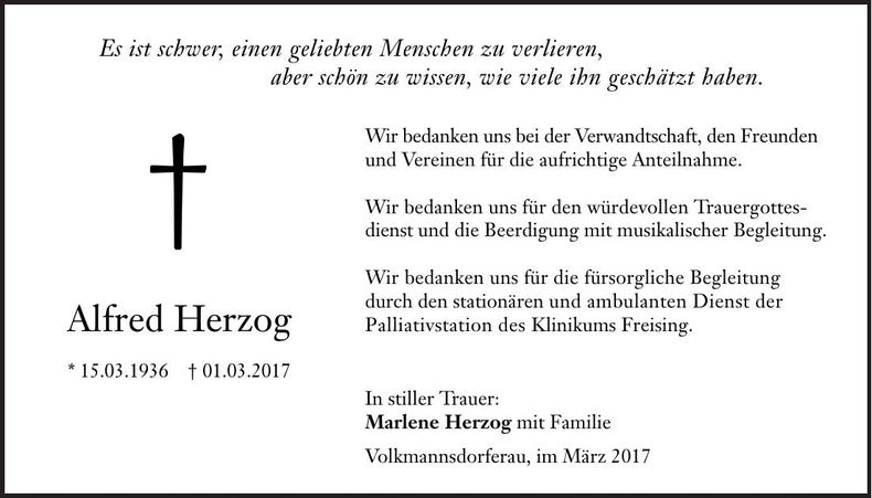 Traueranzeige Alfred Herzog