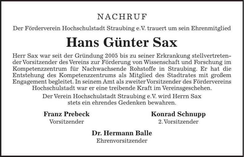 Traueranzeige Hans Günter Sax