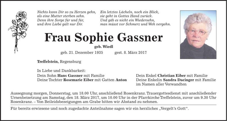 Traueranzeige Sophie Gassner