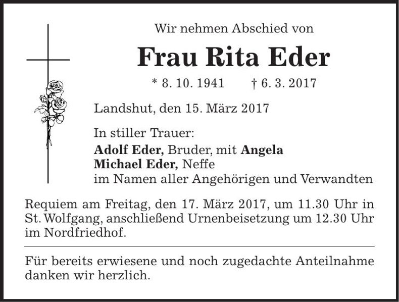 Traueranzeige Rita Eder
