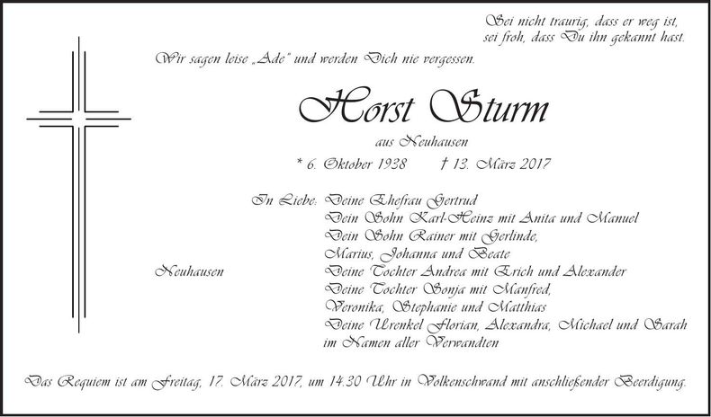 Traueranzeige Horst Sturm