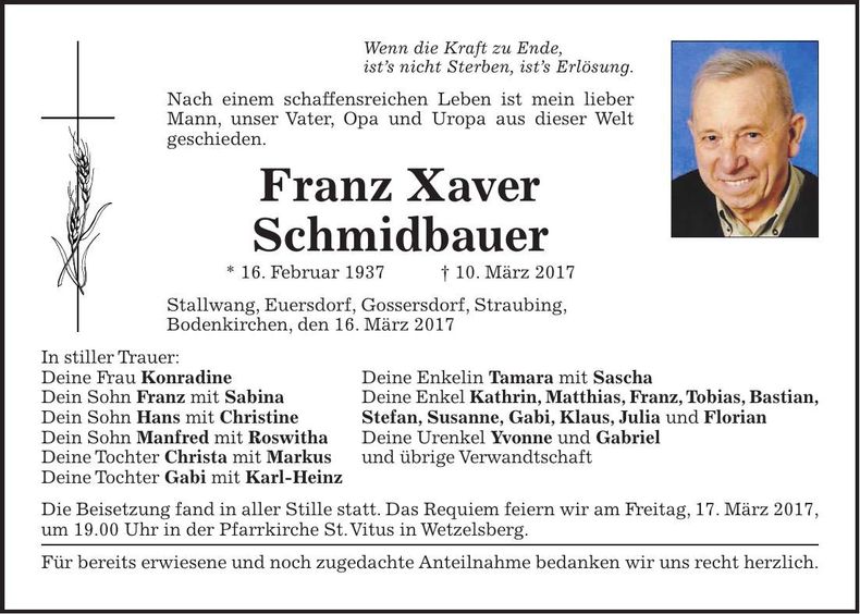 Traueranzeige Franz Xaver Schmidbauer
