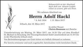 Traueranzeige Adolf Hackl