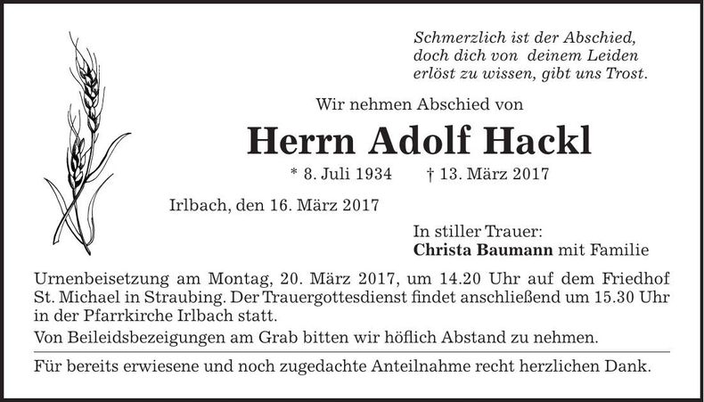 Traueranzeige Adolf Hackl