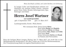 Traueranzeige Josef Wartner