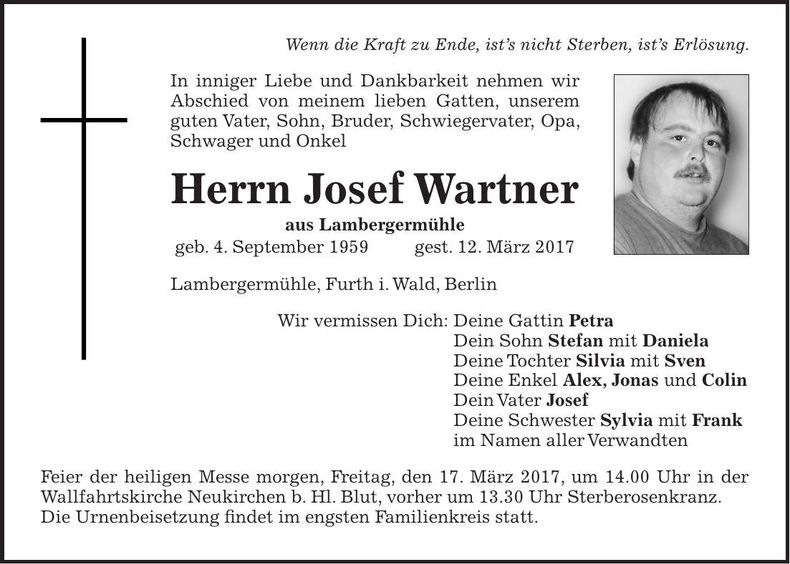 Traueranzeige Josef Wartner