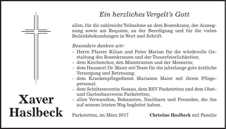 Traueranzeige Xaver Haslbeck