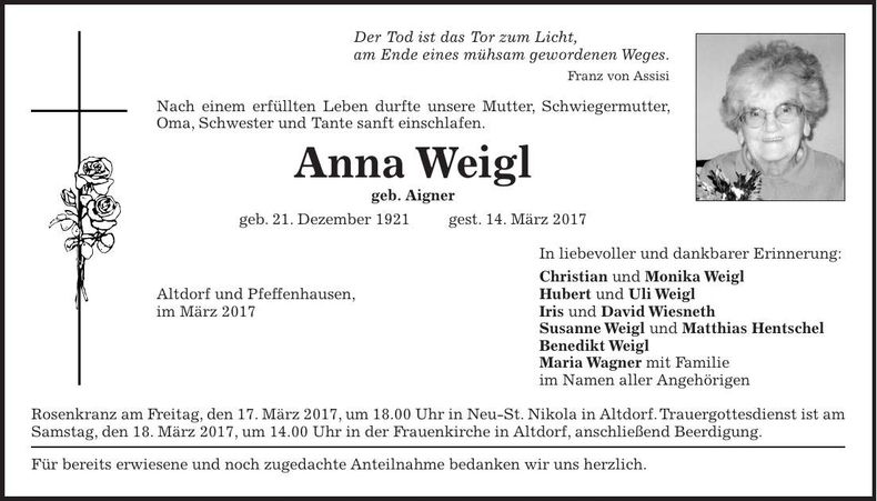 Traueranzeige Anna Weigl