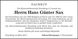 Traueranzeige Hans Günter Sax