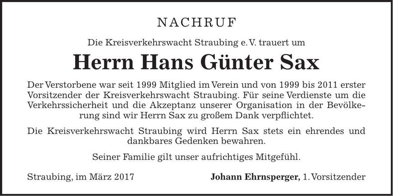 Traueranzeige Hans Günter Sax