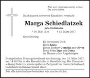 Traueranzeige Marga Schiedlatzek