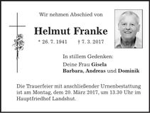 Traueranzeige Helmut Franke