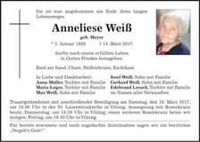 Traueranzeige Anneliese Weiß
