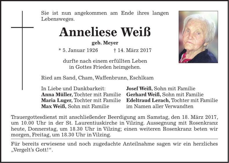 Traueranzeige Anneliese Weiß