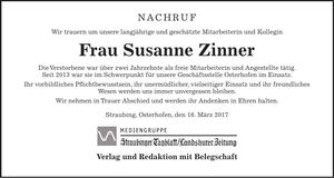 Traueranzeige Susanne Zinner