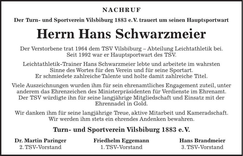 Traueranzeige Hans Schwarzmeier