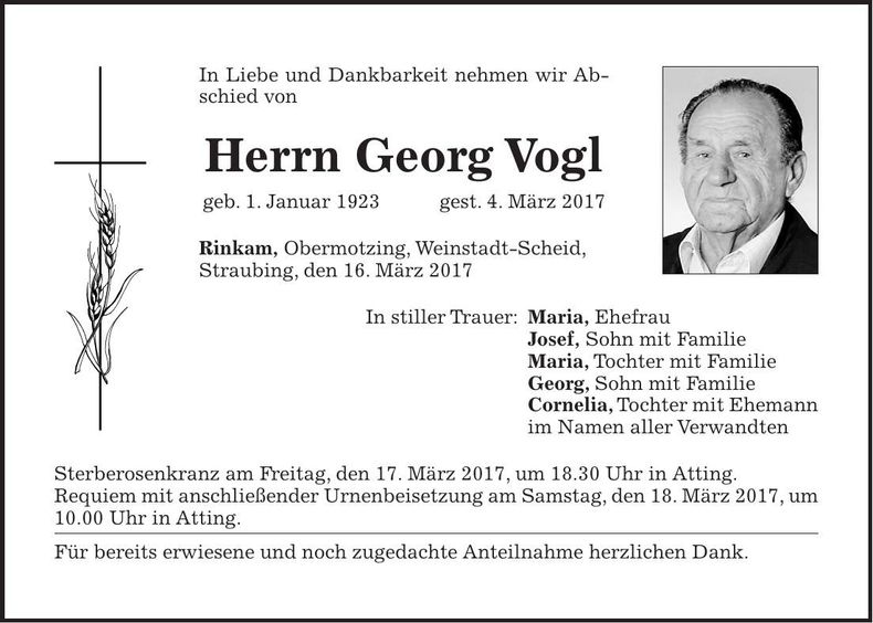 Traueranzeige Georg Vogl
