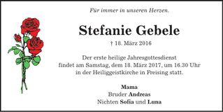 Traueranzeige Stefanie Gebele