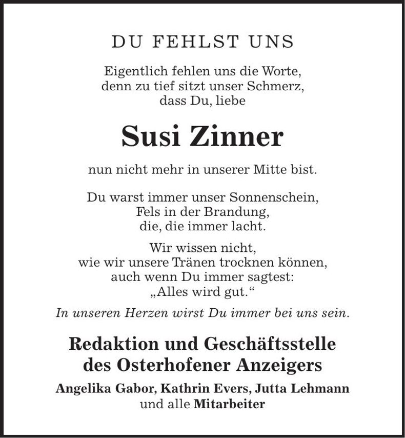 Traueranzeige Susi Zinner