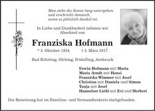 Traueranzeige Franziska Hofmann