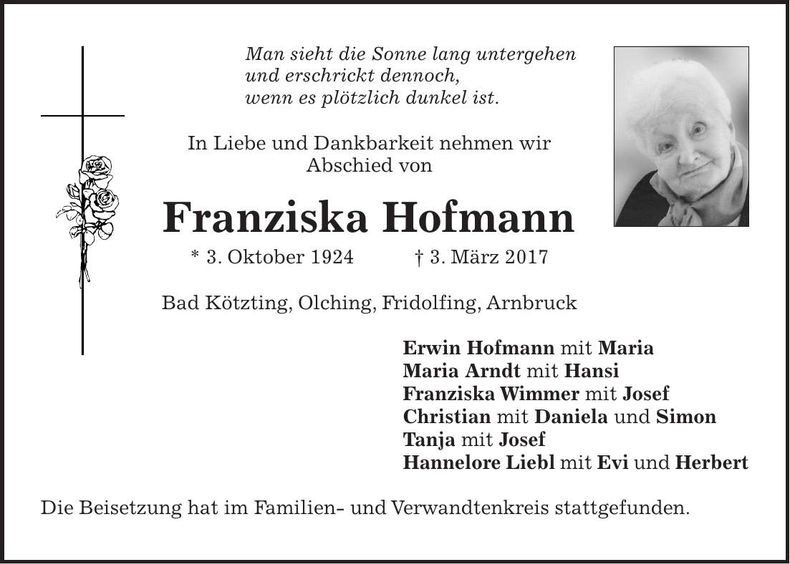 Traueranzeige Franziska Hofmann