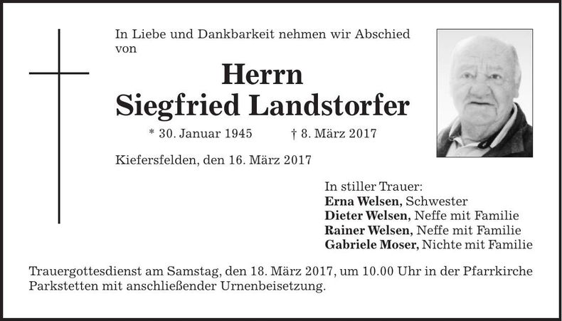 Traueranzeige Siegfried Landstorfer