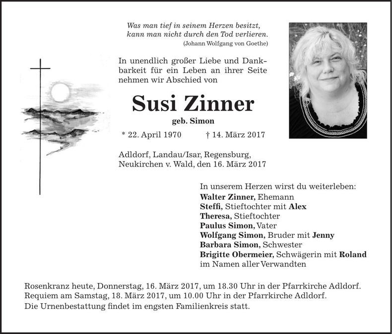 Traueranzeige Susi Zinner