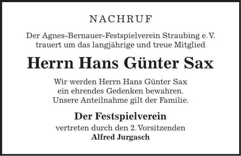 Traueranzeige Hans Günter Sax