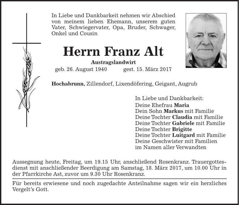 Traueranzeige Franz Alt