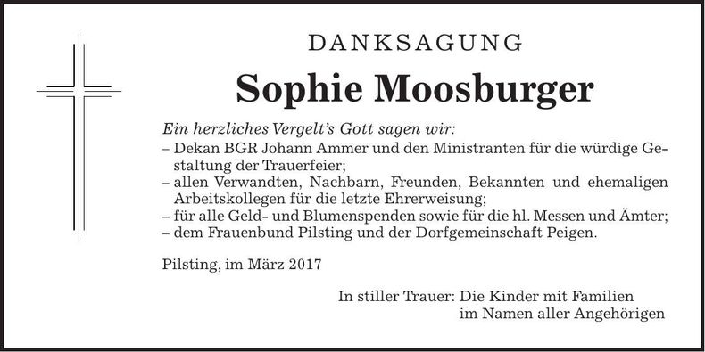 Traueranzeige Sophie Moosburger