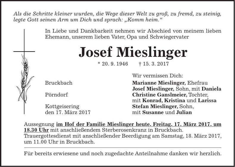 Traueranzeige Josef Mieslinger