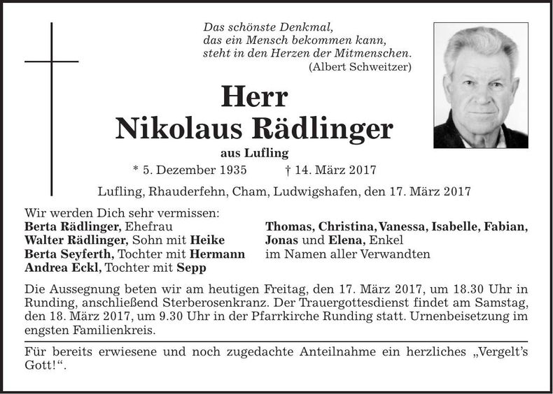 Traueranzeige Nikolaus Rädlinger