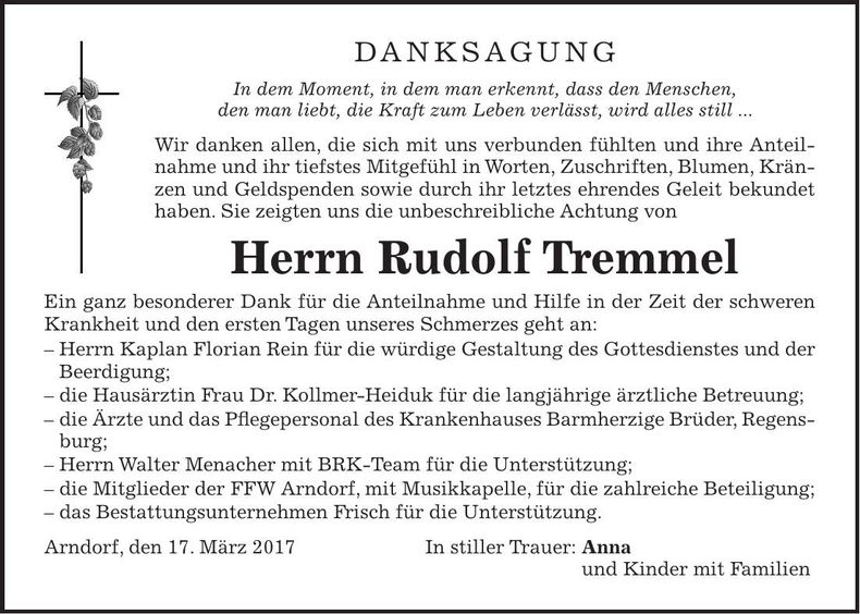Traueranzeige Rudolf Tremmel
