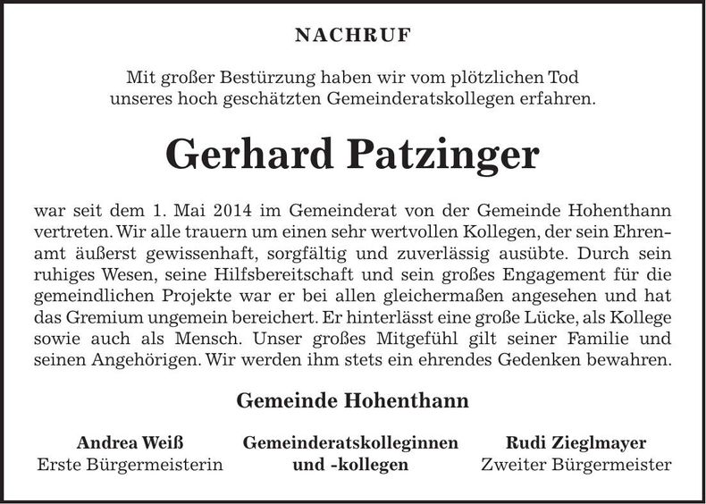 Traueranzeige Gerhard Patzinger