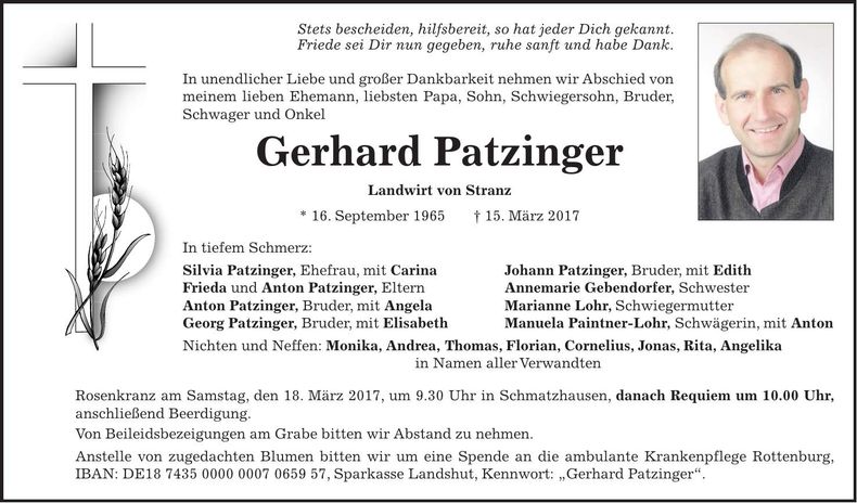 Traueranzeige Gerhard Patzinger