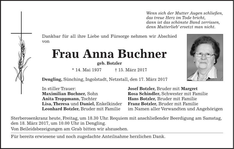 Traueranzeige Anna Buchner