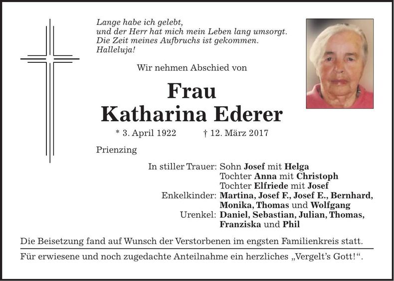 Traueranzeige Katharina Ederer
