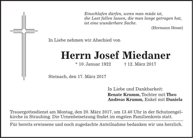 Traueranzeige Josef Miedaner