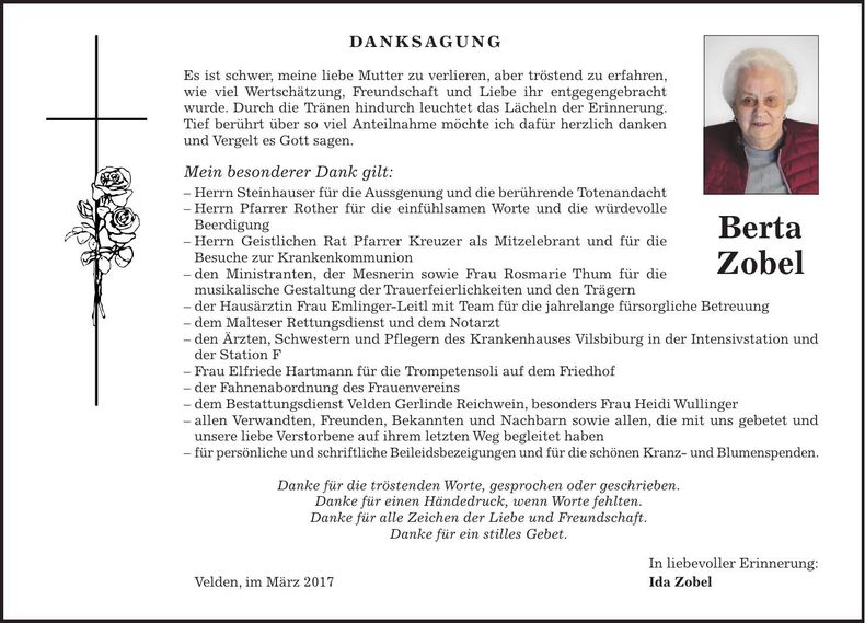 Traueranzeige Berta Zobel