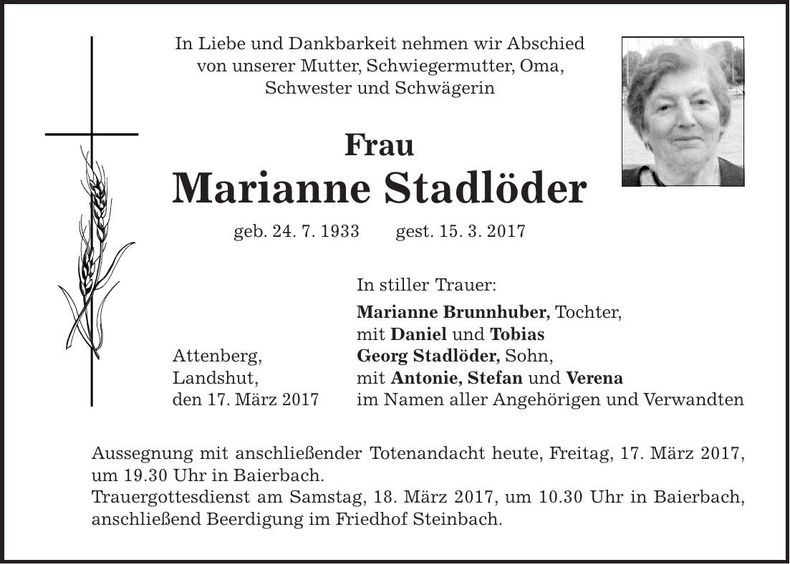 Traueranzeige Marianne Stadlöder