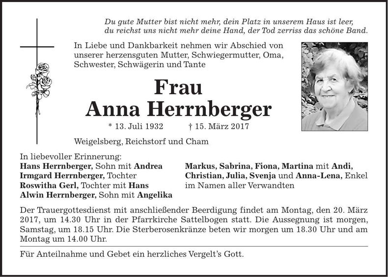 Traueranzeige Anna Herrnberger