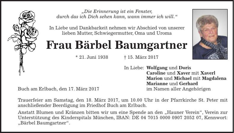 Traueranzeige Bärbel Baumgartner