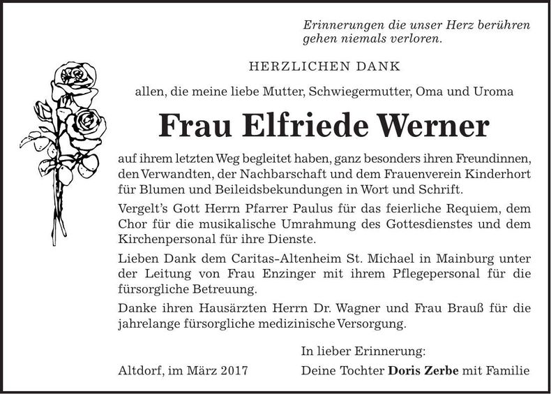 Traueranzeige Elfriede Werner