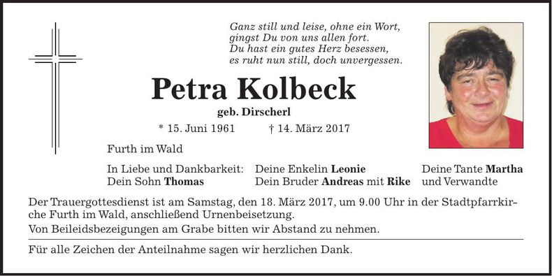Traueranzeige Petra Kolbeck
