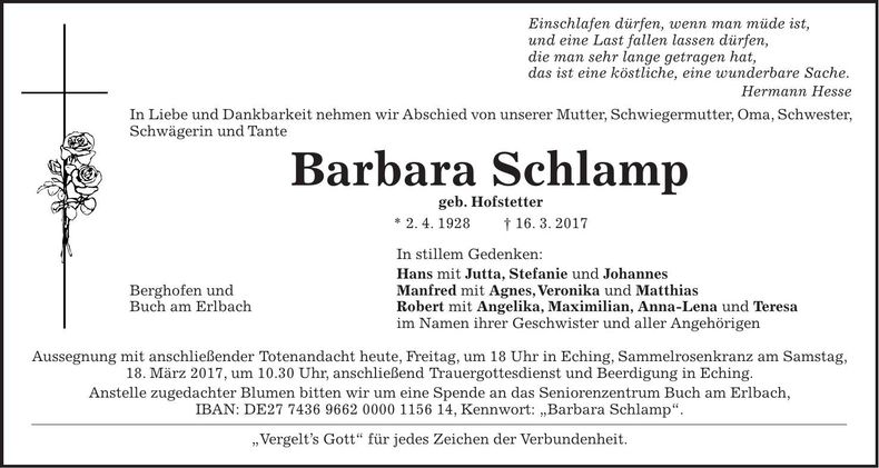 Traueranzeige Barbara Schlamp