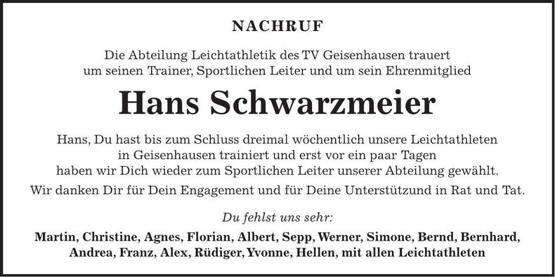 Traueranzeige Hans Schwarzmeier