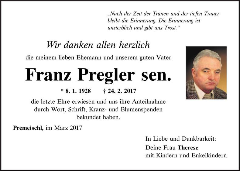 Traueranzeige Franz Pregler sen.