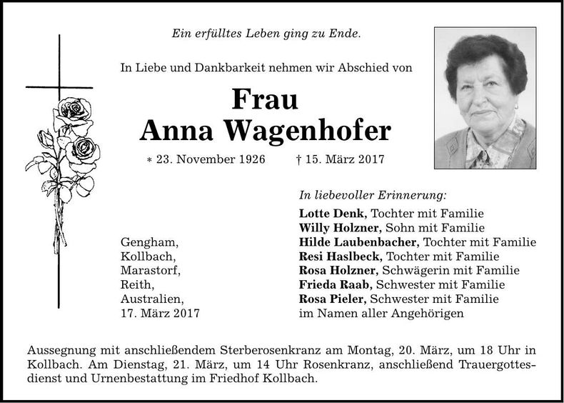 Traueranzeige Anna Wagenhofer