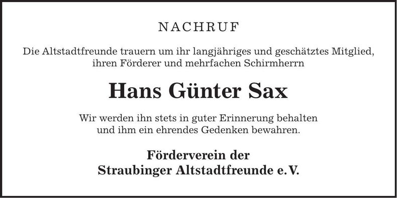 Traueranzeige Hans Günter Sax
